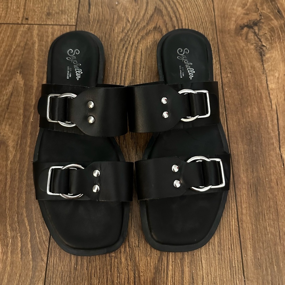 Black Slide Sandals with Silver Buckles